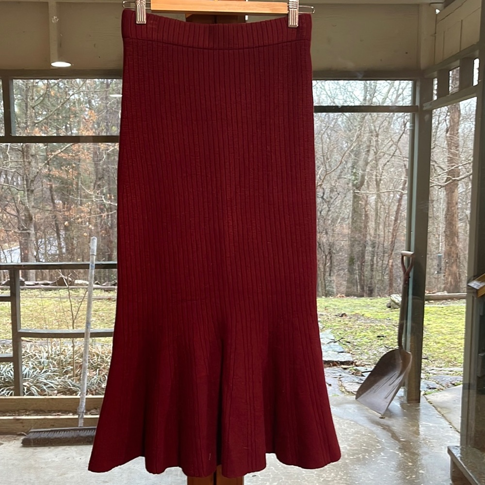 She and Sky S. Wine color trumpet skirt.
